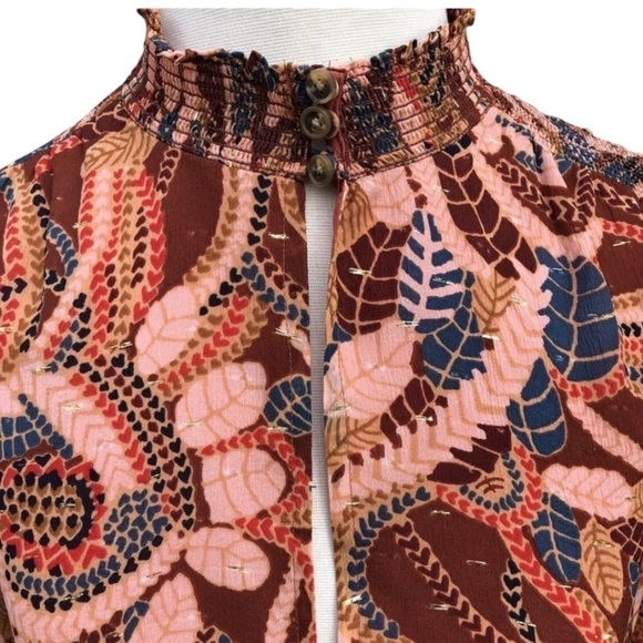 A.L.C. Silk Chiffon Metallic Thread Keyhole blouse High Neck Botanical Print - Picture 9 of 11